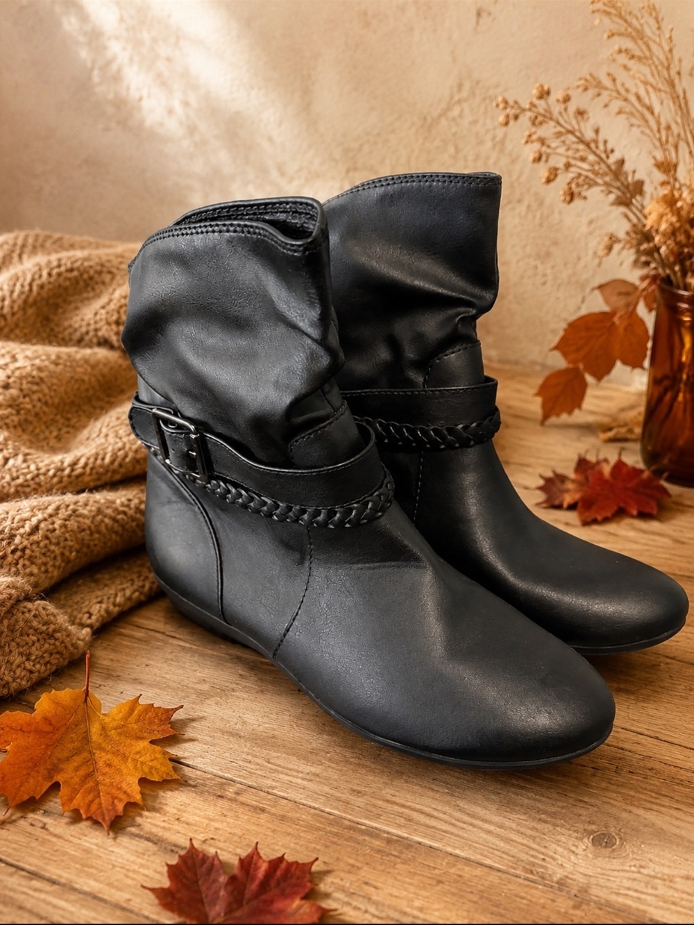 Women's Black Slouch Ankle Boots with Braided Strap